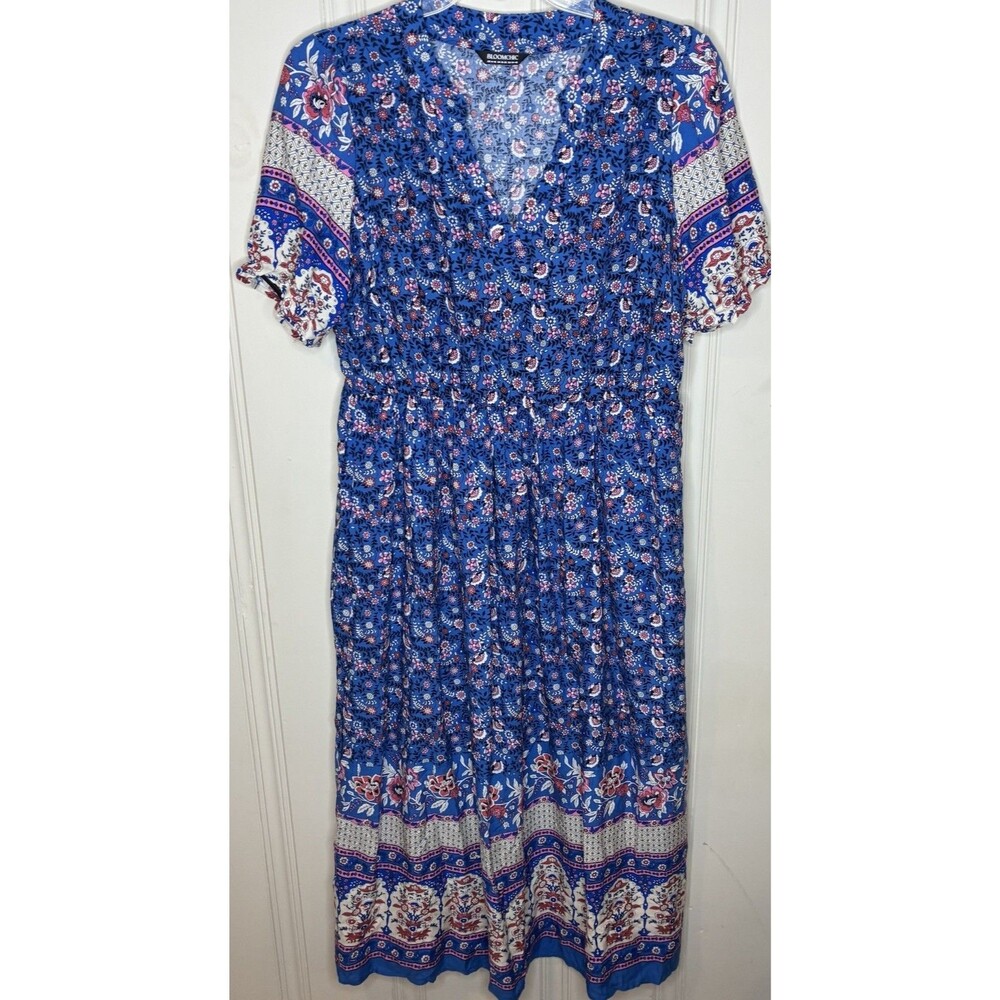 Bloomchic blue boho print dress Sz 14/16 elastic waist vacation Capsule breezy